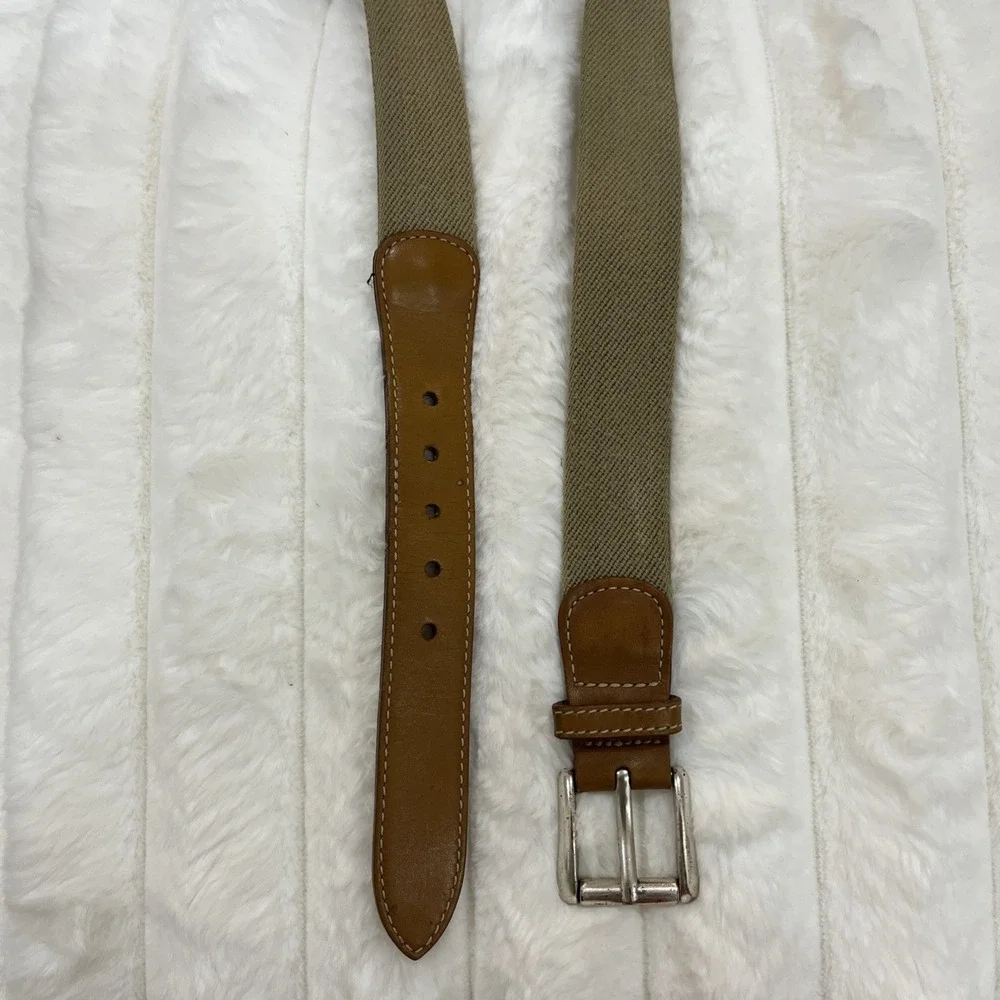 L.L. Bean‎ Stretch Canvas Belt Mens 46 Brown Leather Trim Khaki Woven Excellent